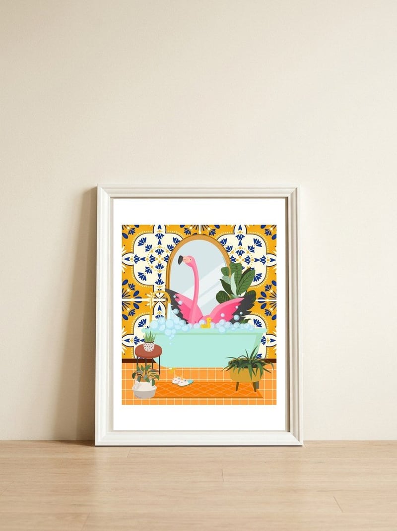 Flamingo Bathing in Moroccan Style Bathroom — framed, leaning against the wall