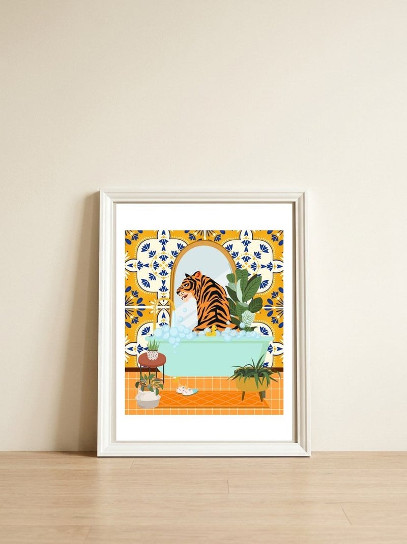 Tiger Bathing in Moroccan Style Bathroom — framed, leaning against the wall