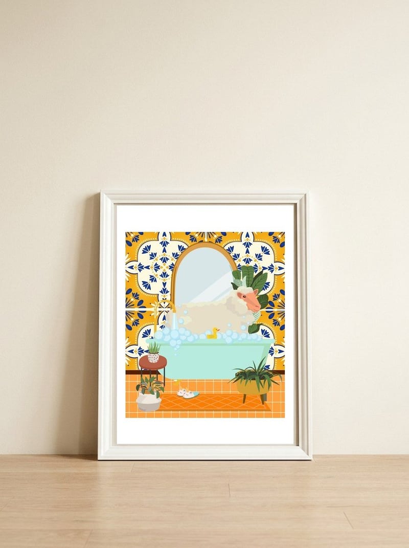 Sheep Bathing in Moroccan Style Bathroom — framed, leaning against the wall