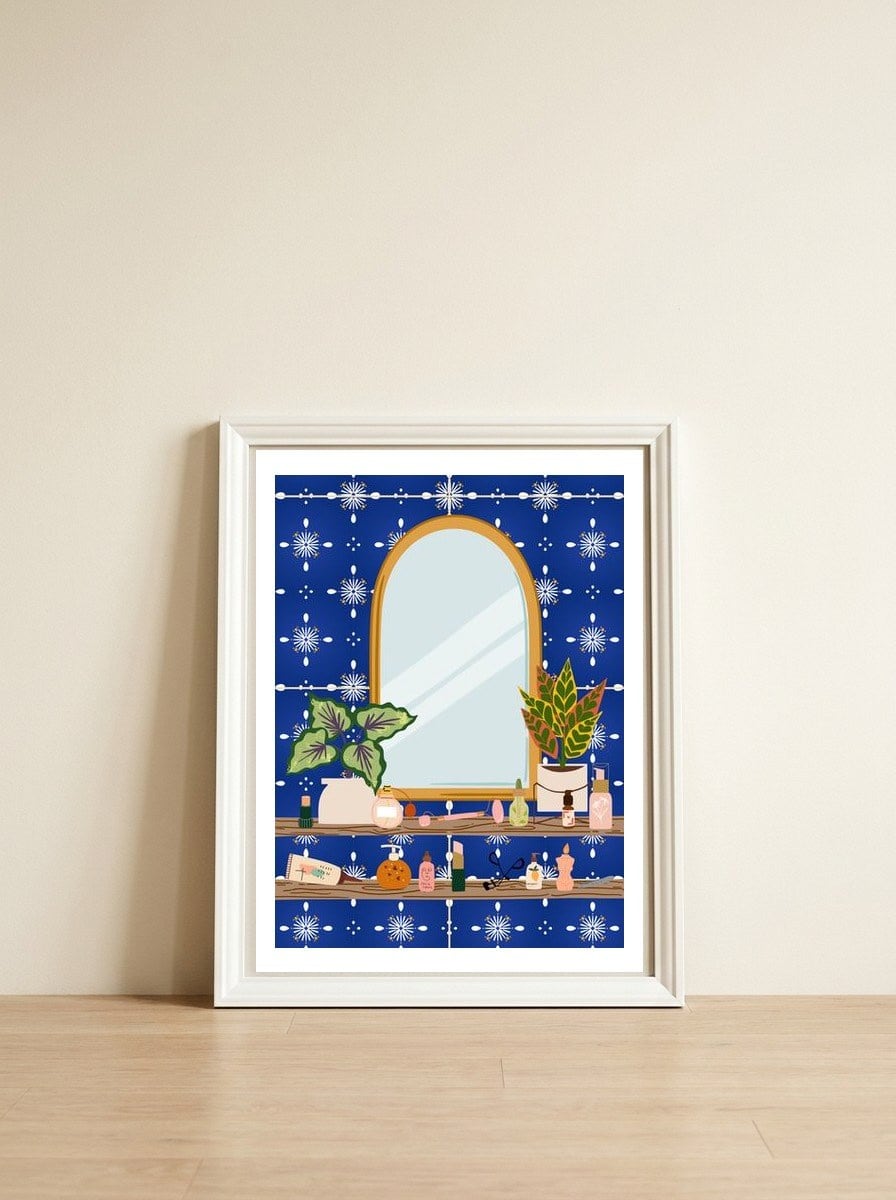 Boho Mirror Station — framed, leaning against the wall