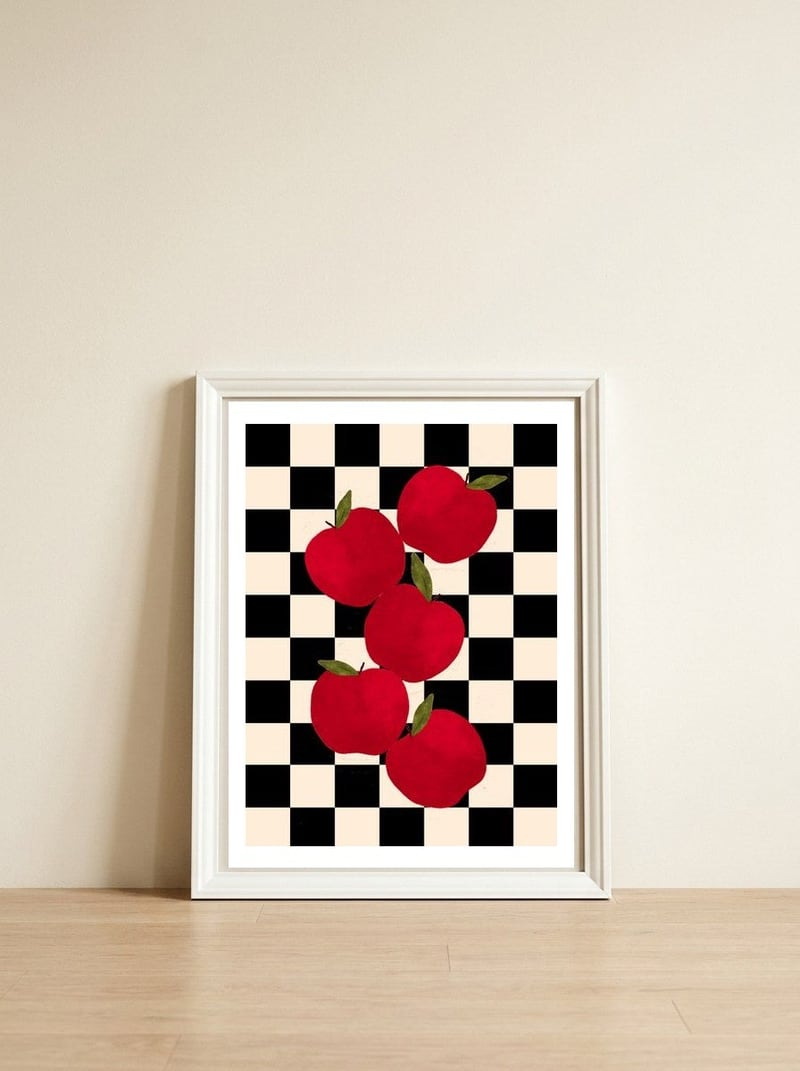 Apples on Checker — framed, leaning against the wall