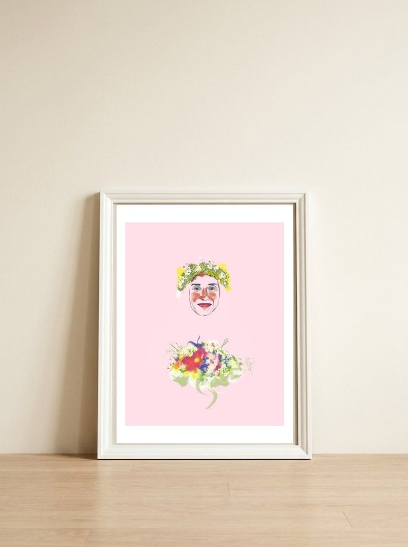 Girl In Wreath 2 — framed, leaning against the wall