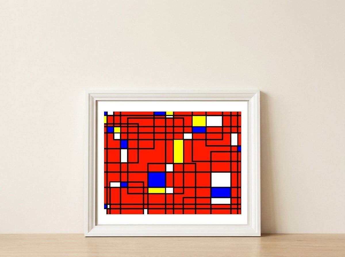 Abstrato Geométrico 38.9 — framed, leaning against the wall