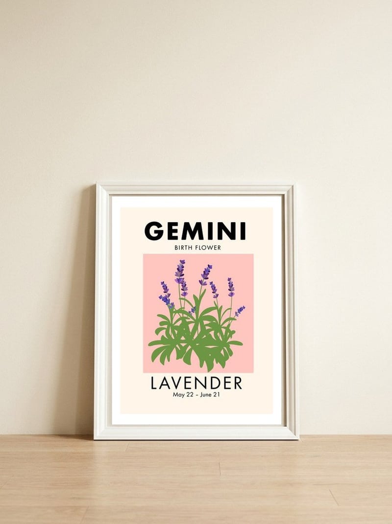 Gemini Birth Flower Lavender — framed, leaning against the wall