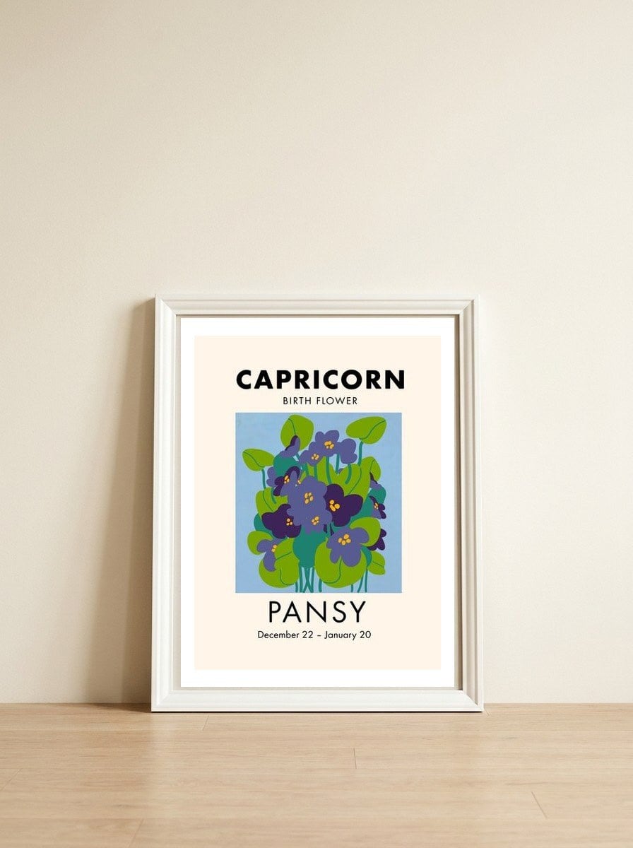 Capricorn Birth Flower Pansy — framed, leaning against the wall