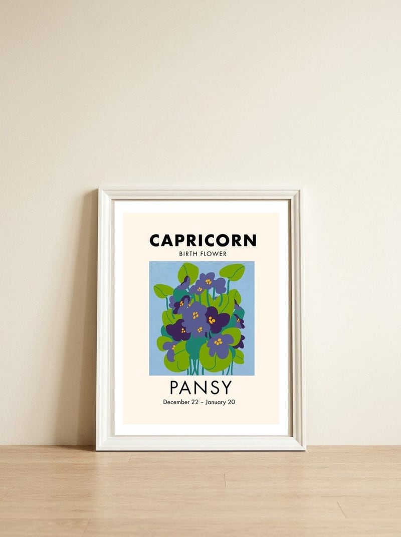 Capricorn Birth Flower Pansy — framed, leaning against the wall