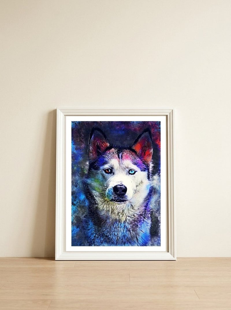 Dog Husky — framed, leaning against the wall