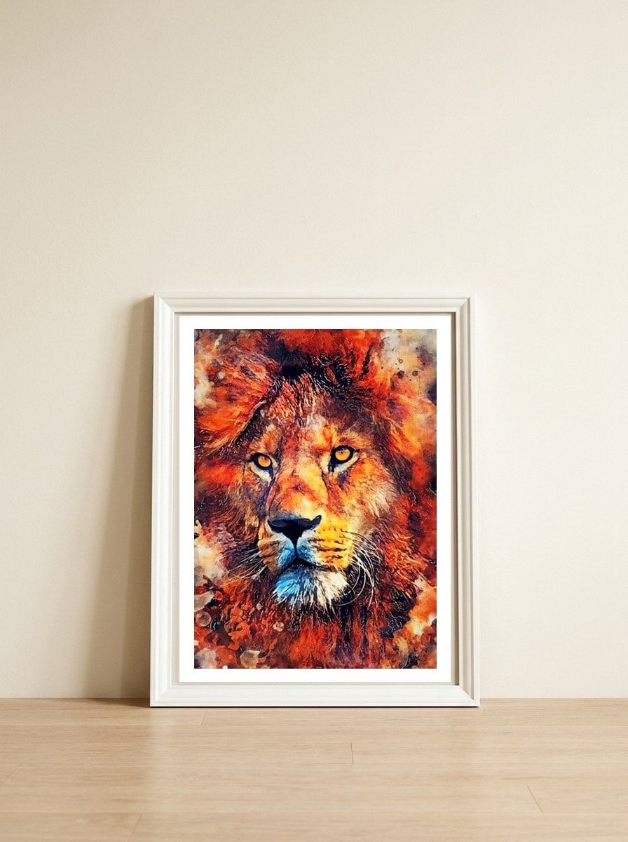 Lion — framed, leaning against the wall