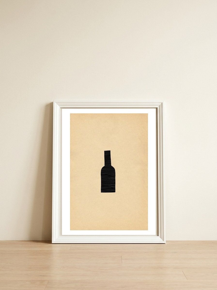 Abstract wine bottle — framed, leaning against the wall