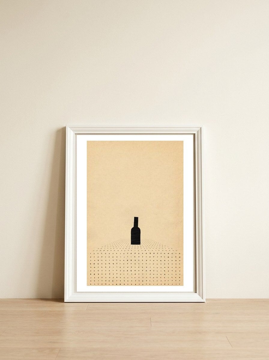 Wine bottle on the table — framed, leaning against the wall