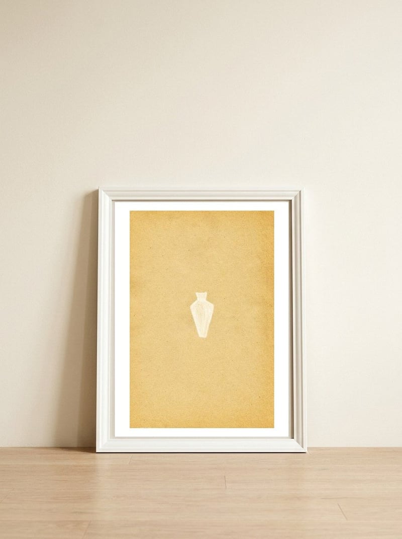 Minimalist vase and vintage paper — framed, leaning against the wall
