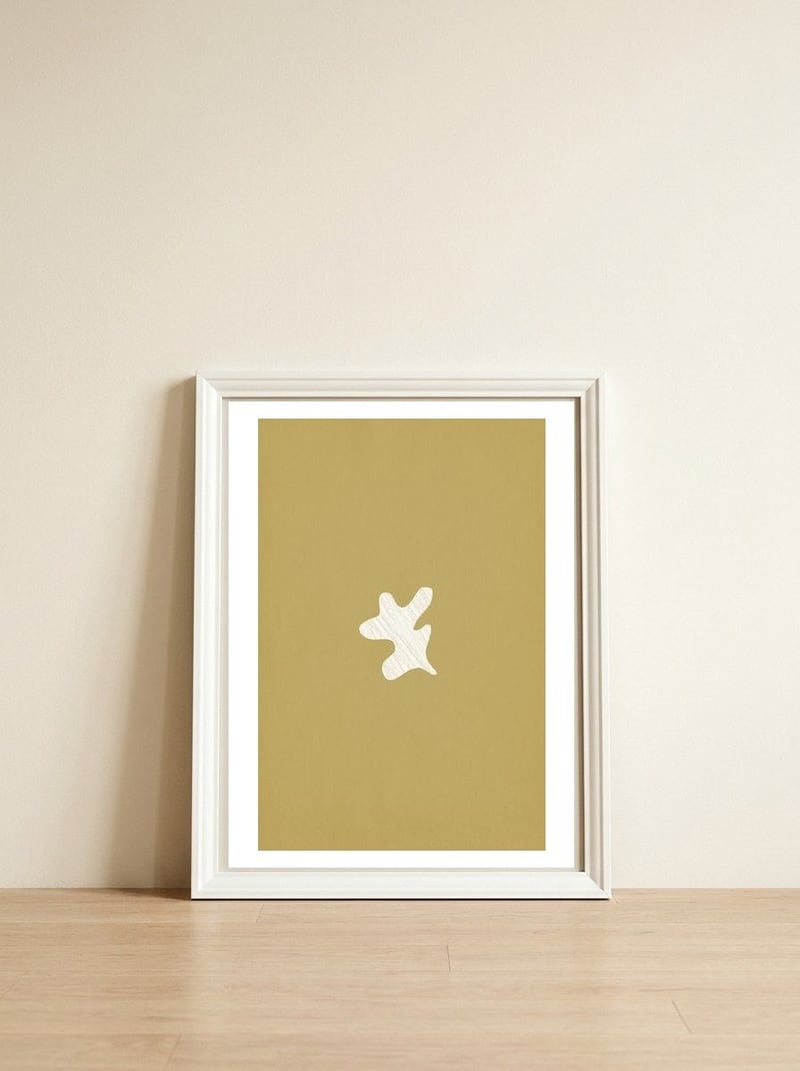Olive green Matisse inspired shape — framed, leaning against the wall