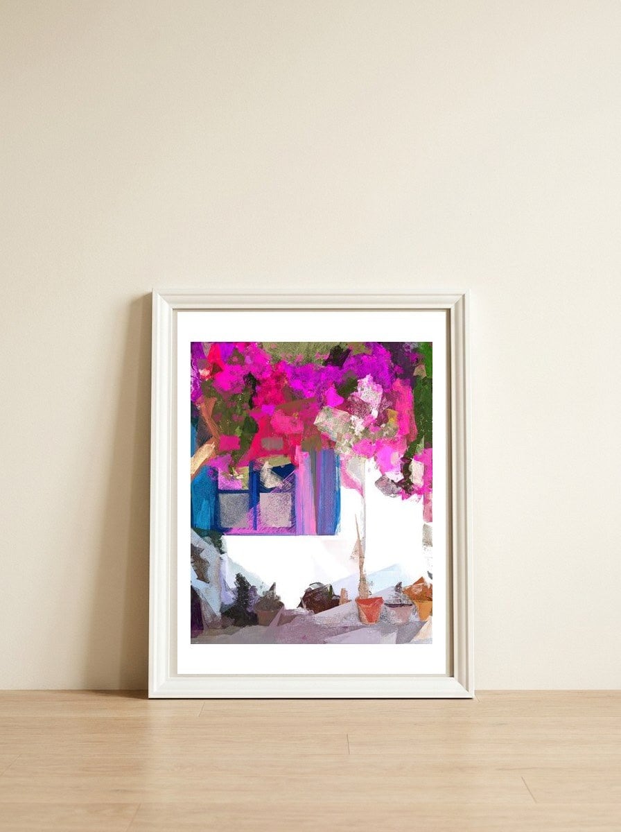 Blossom Is Just Around The Corner, Bougainvillea Tropical Greece Architecture, Botanical SummerTravel Bohemian — framed, leaning against the wall