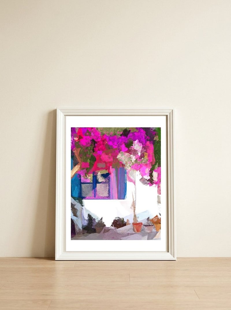 Blossom Is Just Around The Corner, Bougainvillea Tropical Greece Architecture, Botanical SummerTravel Bohemian — framed, leaning against the wall