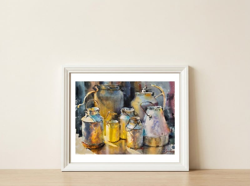 Cans — framed, leaning against the wall