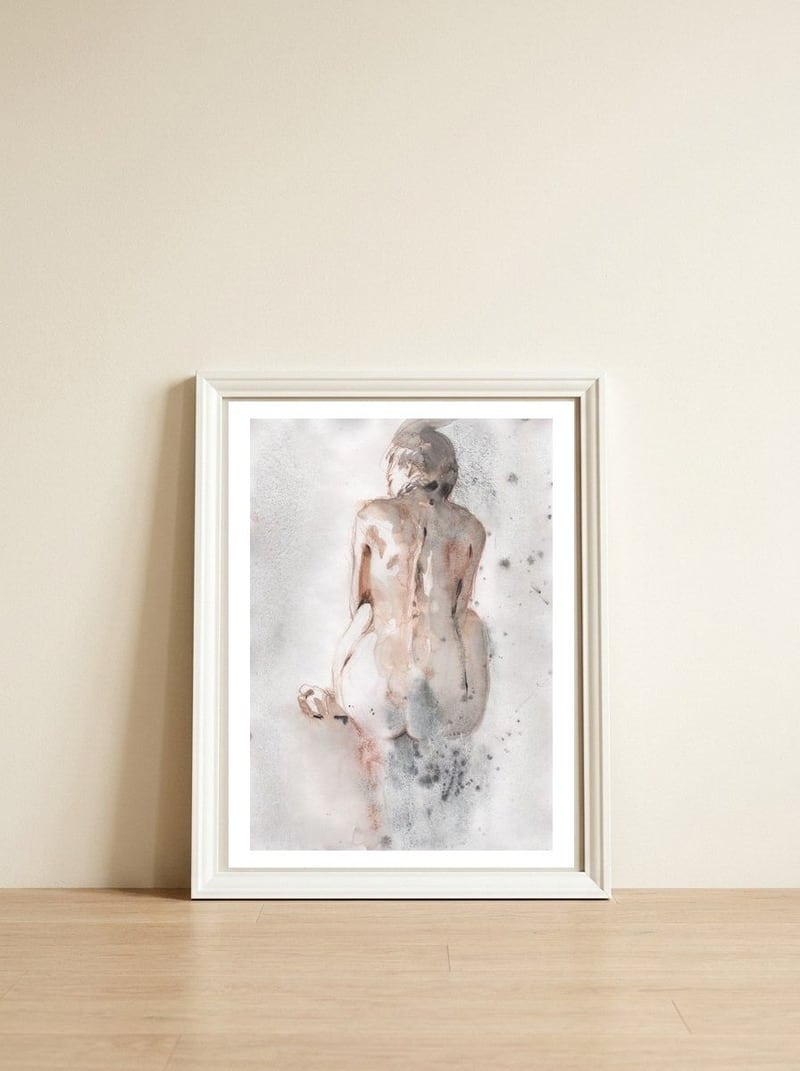 Naked girl from the back — framed, leaning against the wall