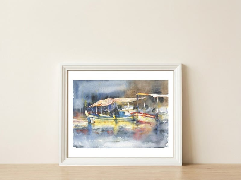 Yachts in the port. Watercolor art — framed, leaning against the wall