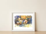 Garlic still life watercolor painting for kitchen  — framed, leaning against the wall thumbnail