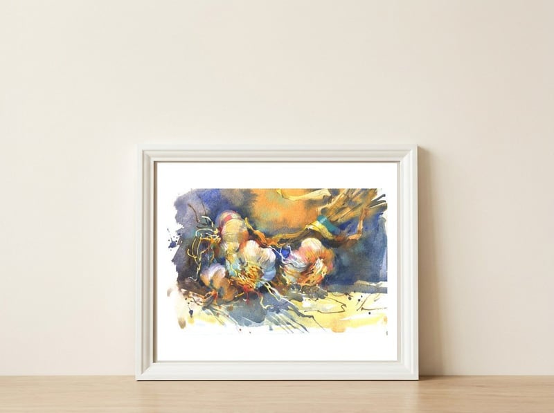 Garlic still life watercolor painting for kitchen  — framed, leaning against the wall