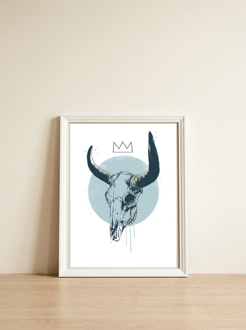 Bull Skull — framed, leaning against the wall