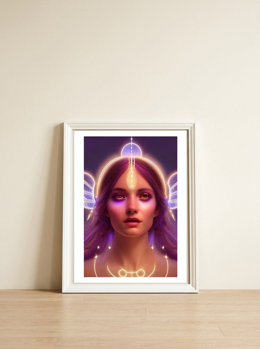 Purple Haze - Goddess of Light Digital Fantasy Artwork — framed, leaning against the wall