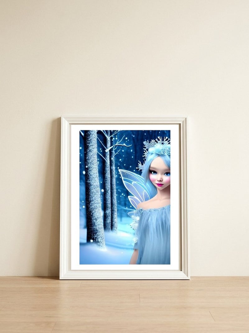 Cute 3d light blue Winter Fairy in the Forest — framed, leaning against the wall