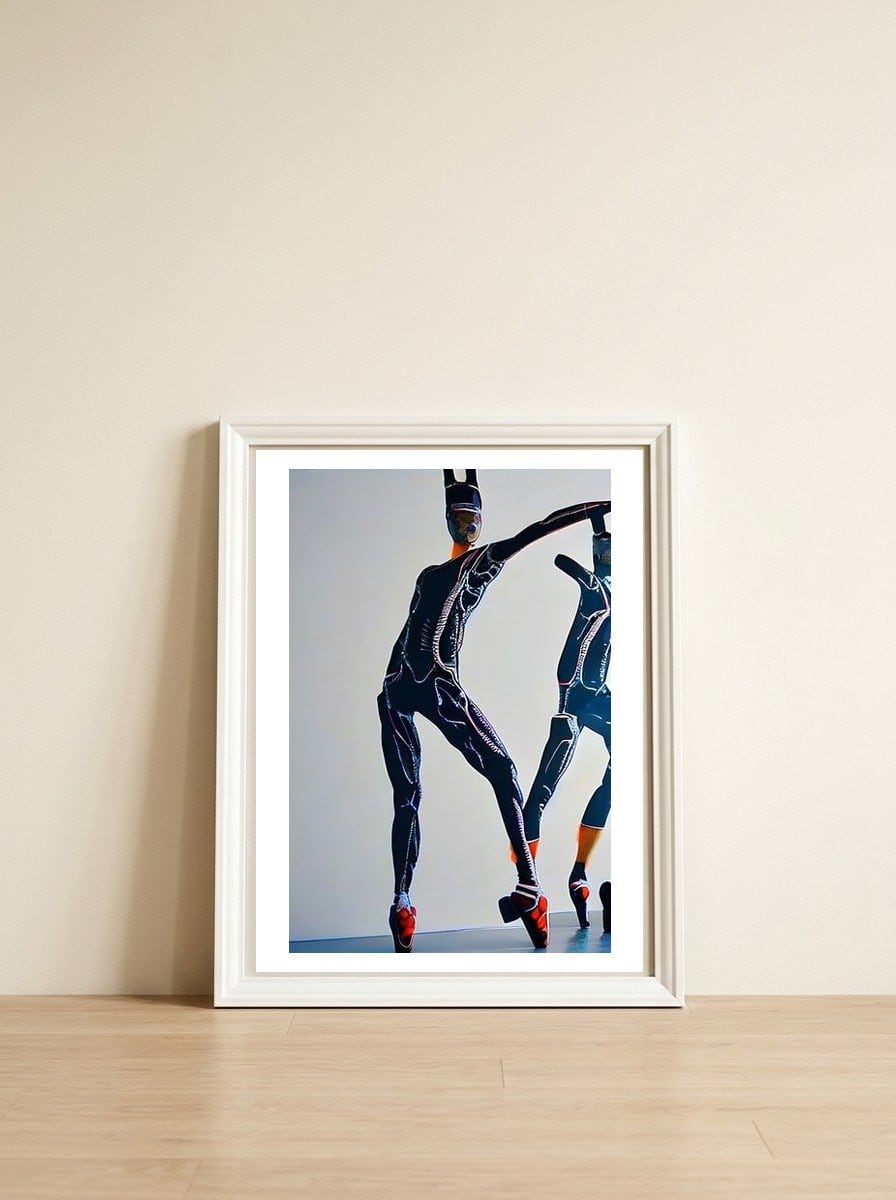 Cyborg dancing modern Ballet on Stage — framed, leaning against the wall