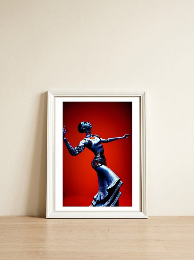 Robot Cyborg passionately dancing Flamenco — framed, leaning against the wall