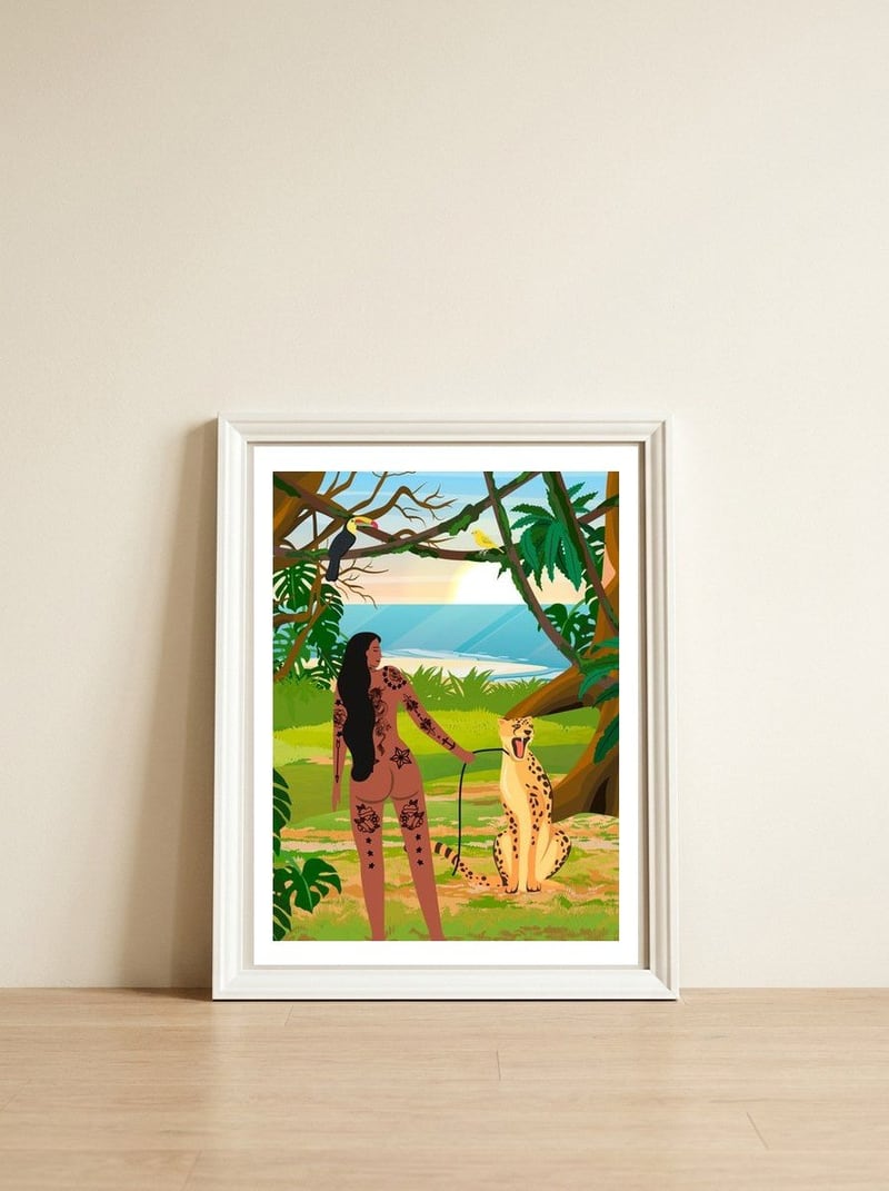 Boho Girl with Cheetah — framed, leaning against the wall