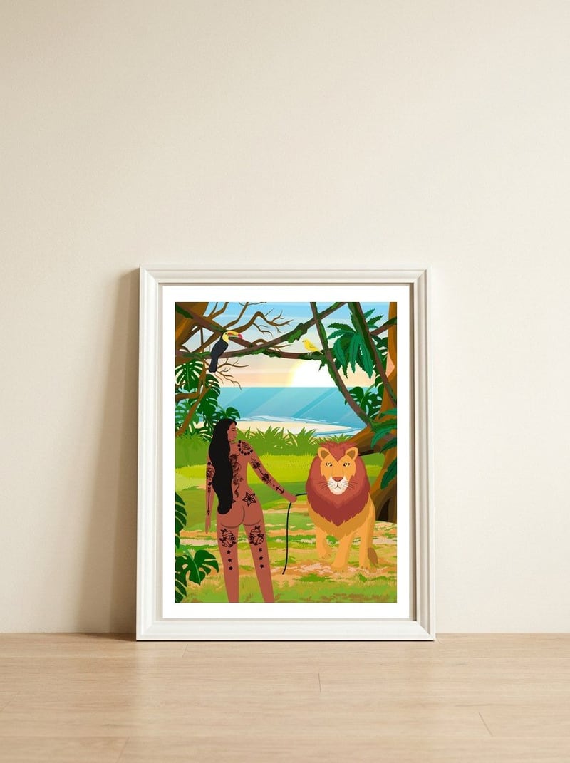 Boho Girl with Lion — framed, leaning against the wall