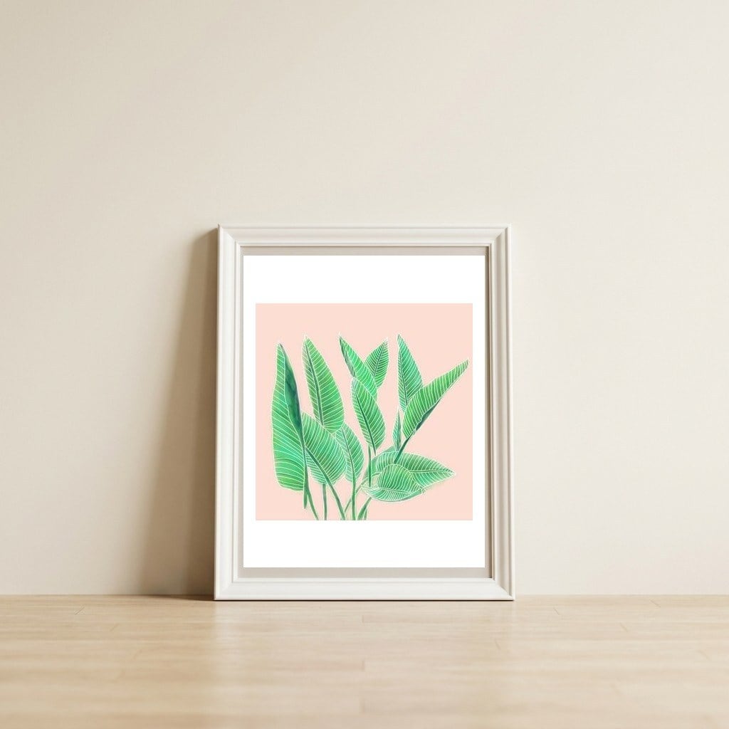 Modern Hand Painted Tropical Green Watercolor Leaf Bird Of Paradise On Pastel Pink — framed, leaning against the wall