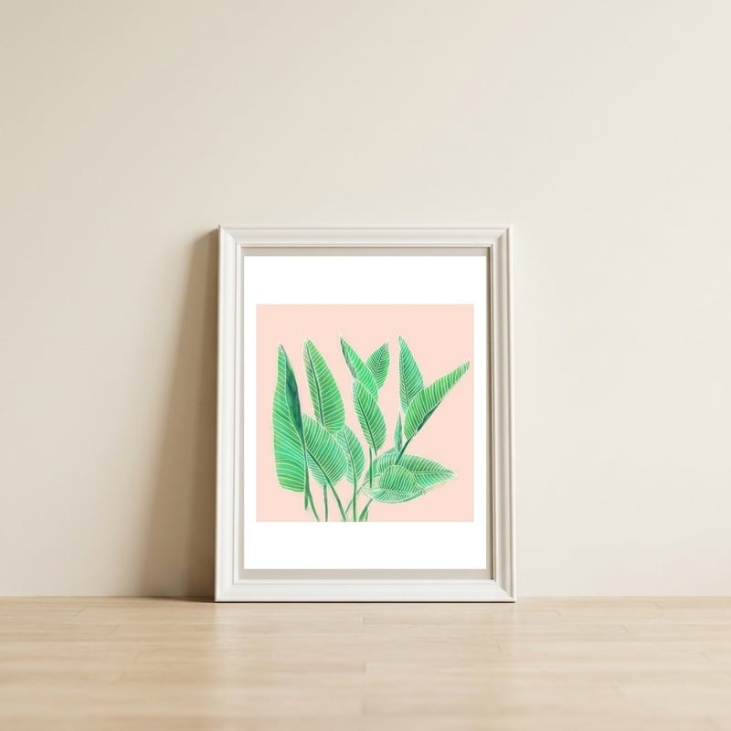 Modern Hand Painted Tropical Green Watercolor Leaf Bird Of Paradise On Pastel Pink — framed, leaning against the wall
