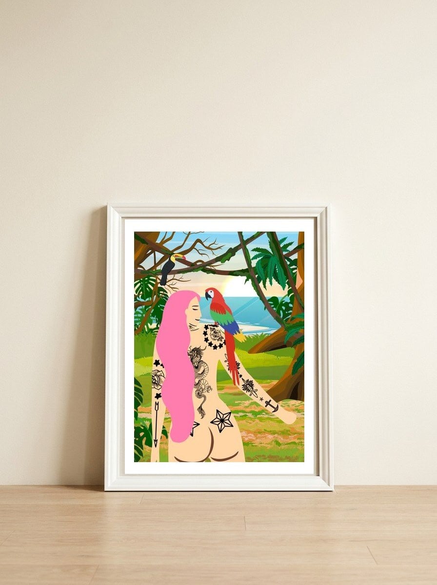 My Ara Bird — framed, leaning against the wall