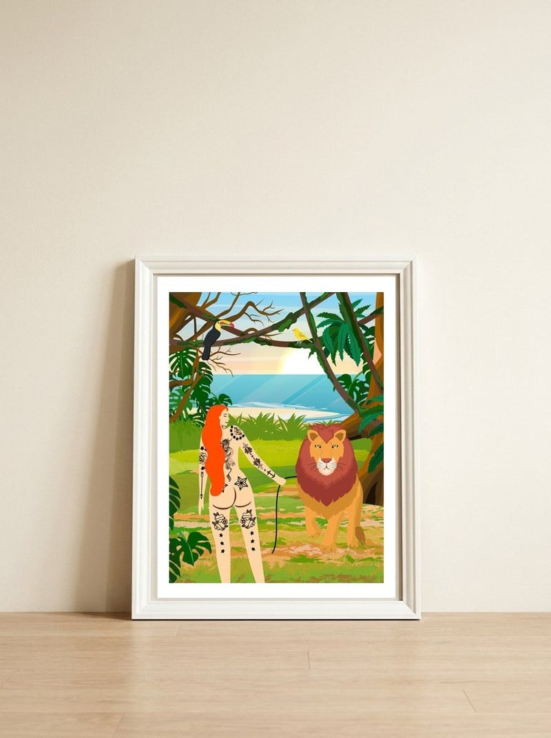 Tattooed Girl with Lion — framed, leaning against the wall