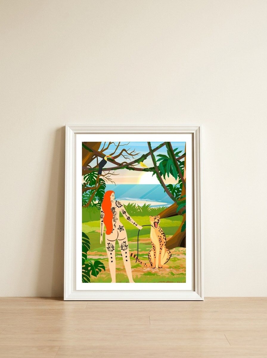 Tattooed Girl with Cheetah — framed, leaning against the wall