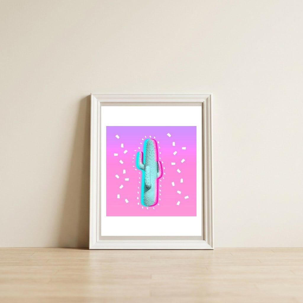 Modern 3 D Color Channel Cactus Photography Pink Purple Gradient 90's Pattern — framed, leaning against the wall