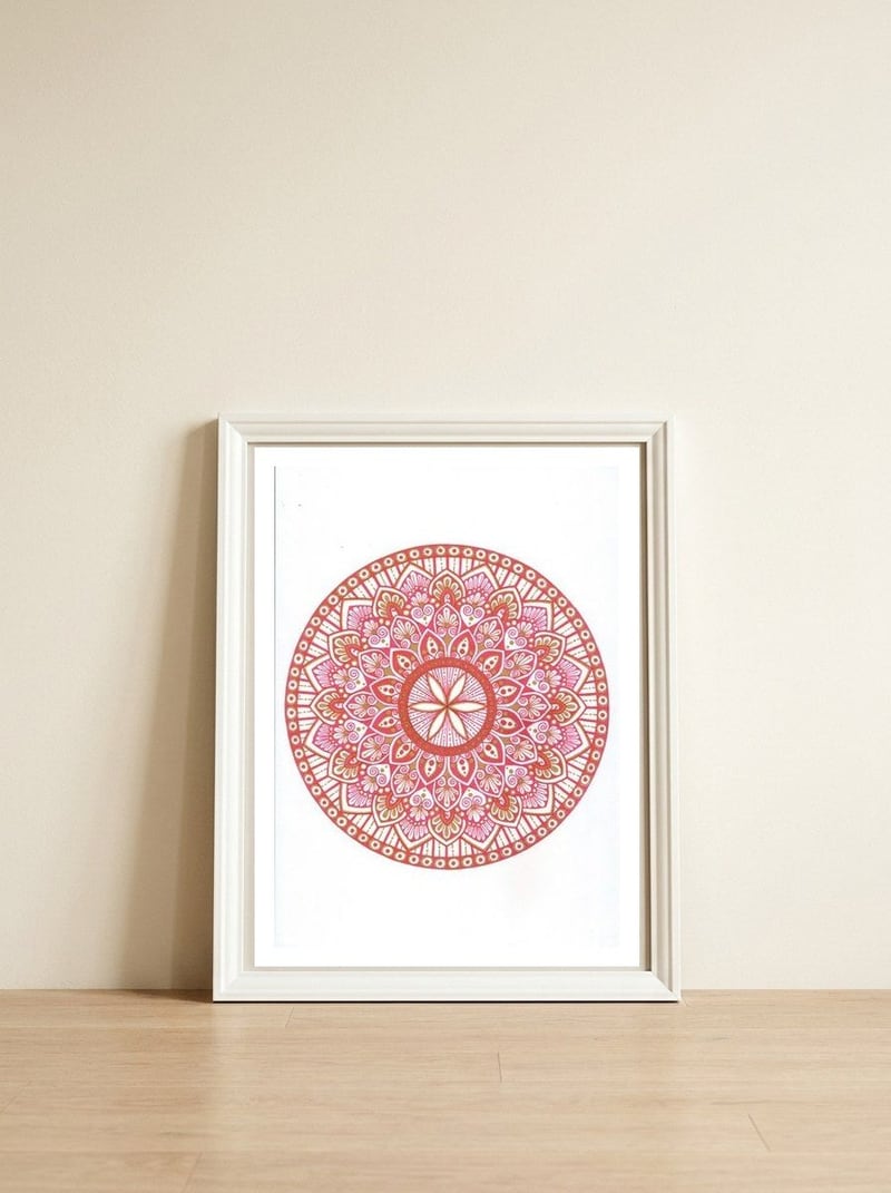 Red & Gold Mandala — framed, leaning against the wall