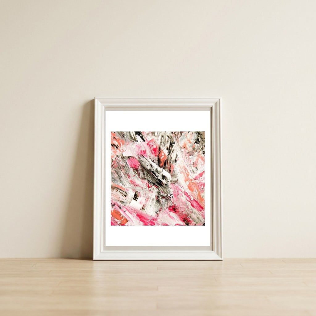 Candy Modern Pink Salmon Black Grey Acrylic Brushstrokes — framed, leaning against the wall