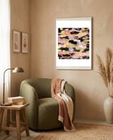 Modern Abstract Black Pink Salmon Gold Acrylic Brushstrokes Paint framed in a tender room thumbnail
