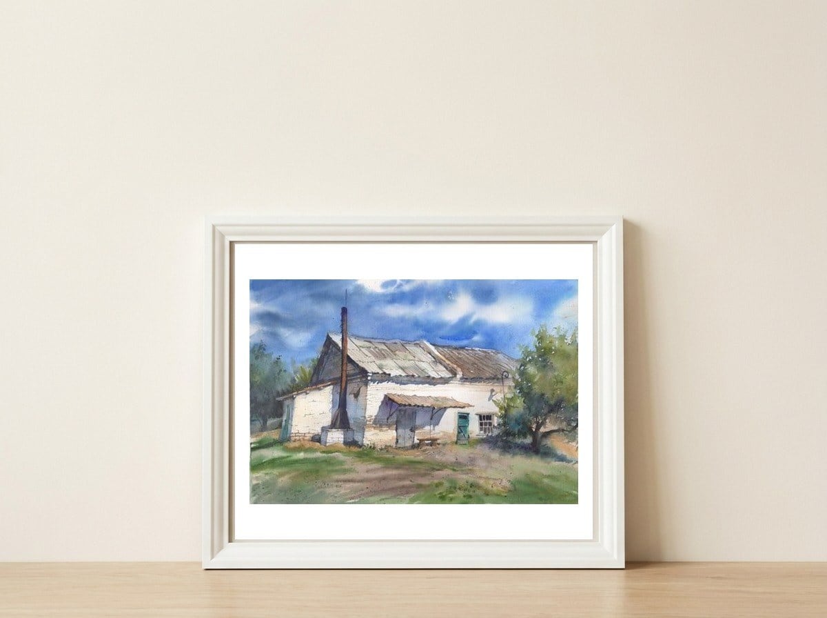 Country house. Watercolor painting art. — framed, leaning against the wall