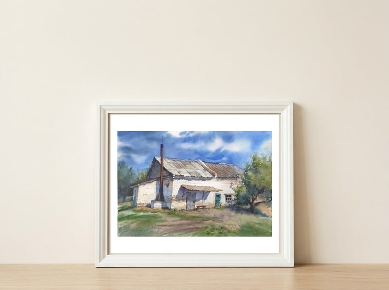 Country house. Watercolor painting art. — framed, leaning against the wall