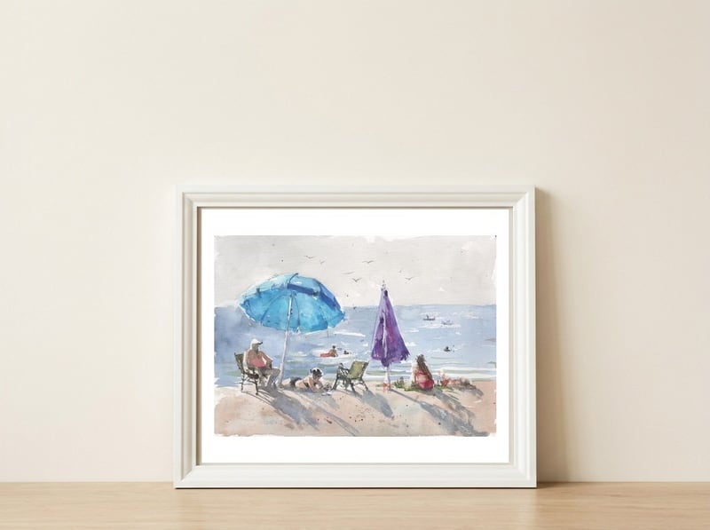 Under an umbrella in the sun. Watercolor — framed, leaning against the wall
