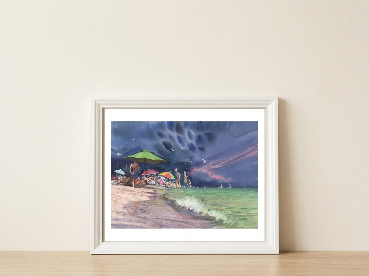 Before the storm. Watercolor painting — framed, leaning against the wall