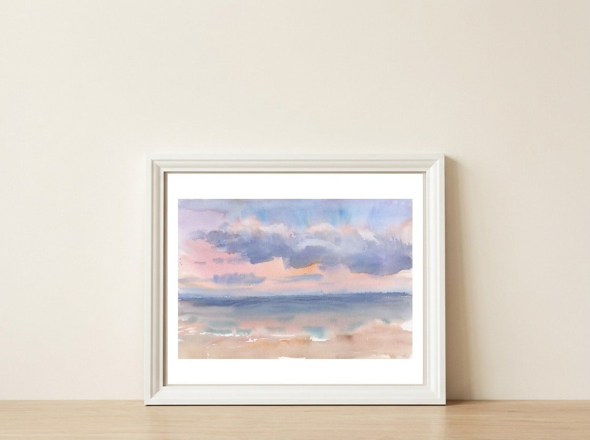 Beautiful morning At The Beach. Watercolor — framed, leaning against the wall