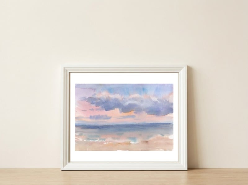 Beautiful morning At The Beach. Watercolor — framed, leaning against the wall