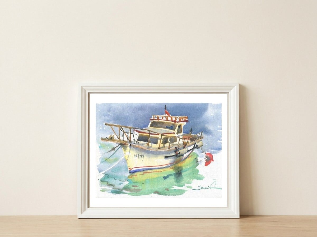 Yacht painting watercolor — framed, leaning against the wall