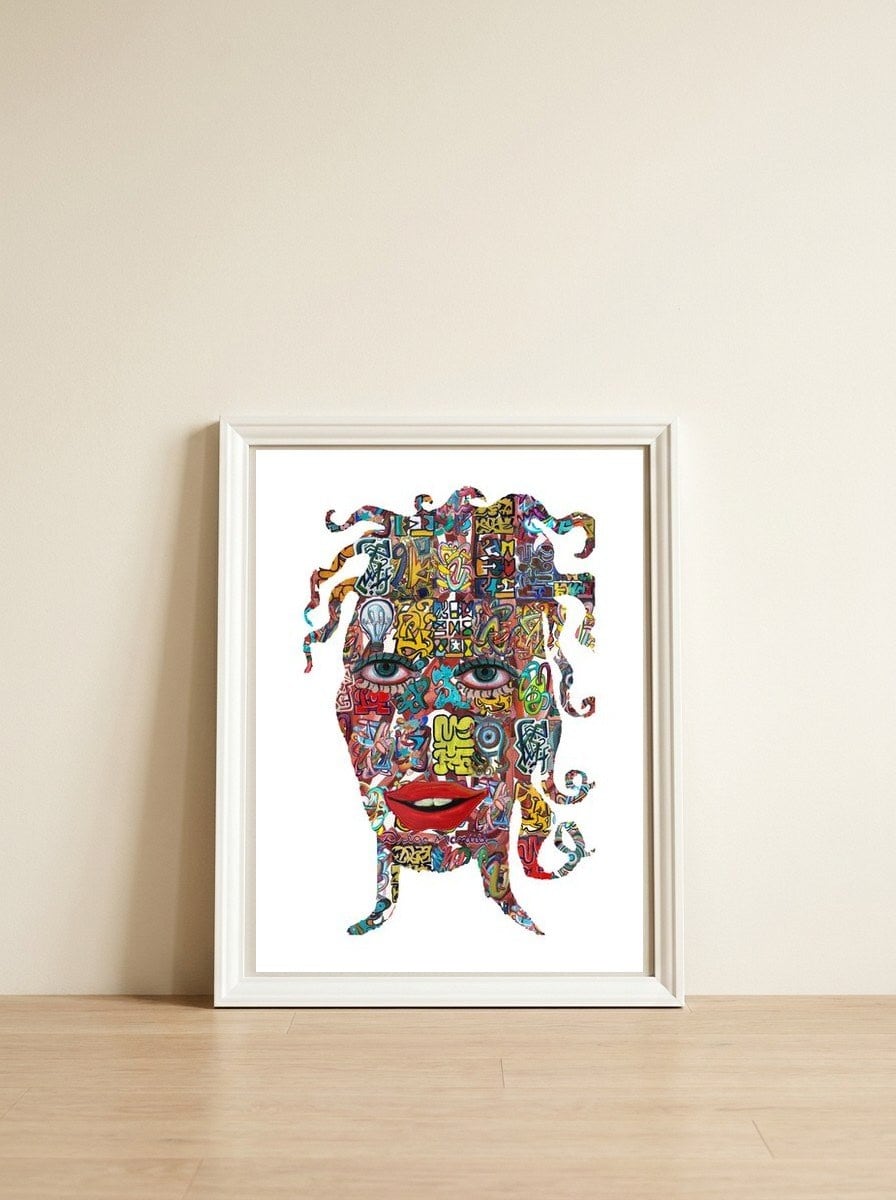 Mujer B 64 — framed, leaning against the wall