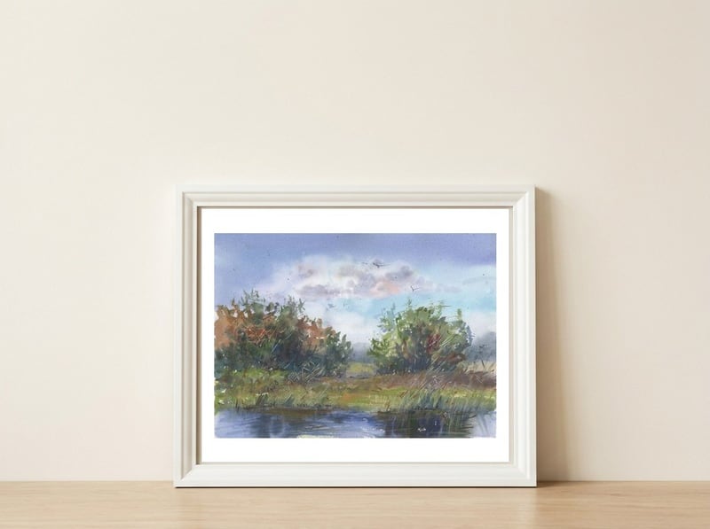 Watercolor Landscape Painting — framed, leaning against the wall
