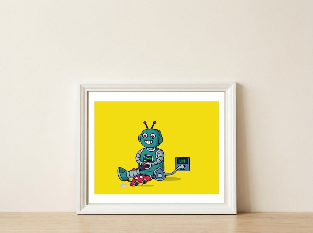 Robo kid — framed, leaning against the wall