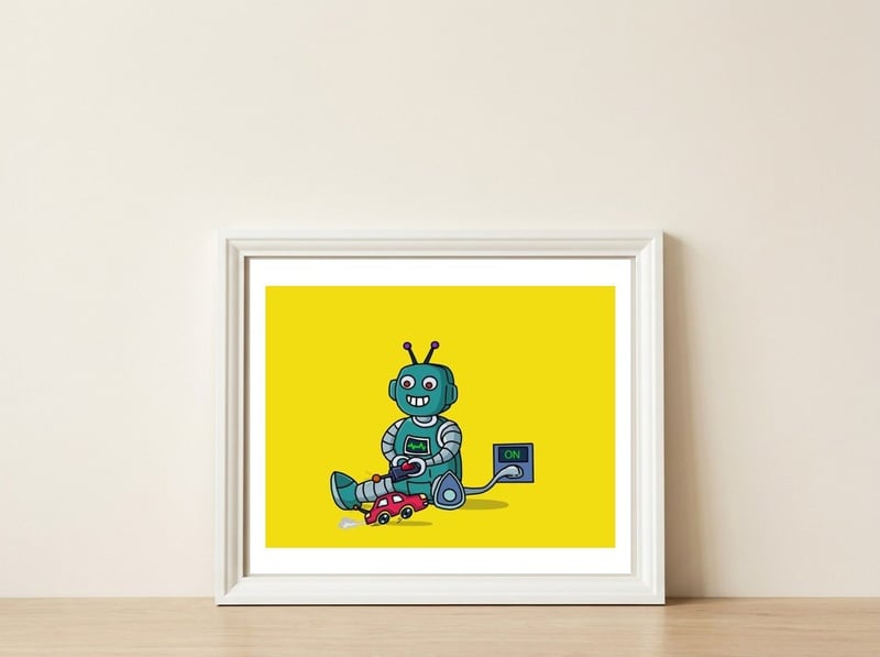 Robo kid — framed, leaning against the wall